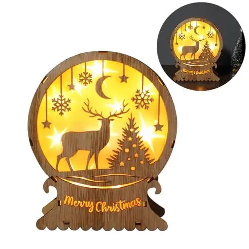 Produktbild: NAVESO LED Weihnachtsbeleuchtung aus Holz, Weihnachtsdeko Holz Beleuchtet, LED Weihnachtsbeleuchtung aus Holz, Weihnachtsschmuck Fenster LED Holz, Weihnachtsdeko Innen, LED Licht Elch für Innen Balkon