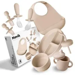 Produktbild: Navik | Baby Geschirrset 10 Stücke | Mit silikon teller baby saugnapf | trinkbecher kinder mit griffen | baby löffel | baby schüssel | ab 6 monate | beige
