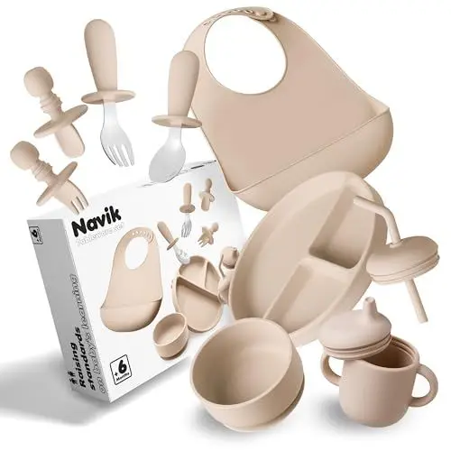 Produktbild: Navik | Baby Geschirrset 10 Stücke | Mit silikon teller baby saugnapf | trinkbecher kinder mit griffen | baby löffel | baby schüssel | ab 6 monate | beige