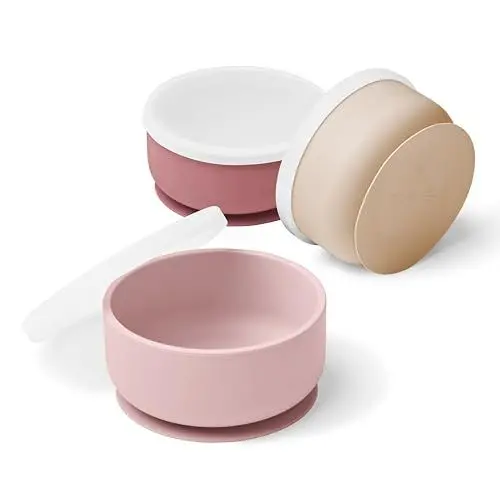 Produktbild: Navik | baby geschirrset | Silikon baby schüssel mit deckel und saugnapf | Kinderschüssel | ab 6 monate | Rosa, zartrosa und beige