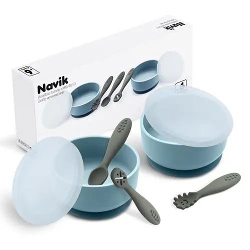 Produktbild: Navik | baby geschirrset | Silikon baby schüssel mit deckel und saugnapf | baby löffel | ab 6 monate | blau und gründ