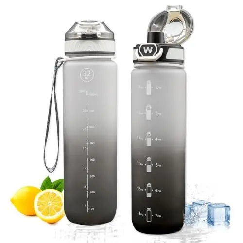 Produktbild: NAVTUE Trinkflasche, 1l Wasserflasche mit BPA-frei, Zeitmarkierungen, Auslaufsicher Sport trinkflasche für Fitness, Radfahren, Büro, Laufen, Fitnessstudio, Yoga (SchwarzGrau)