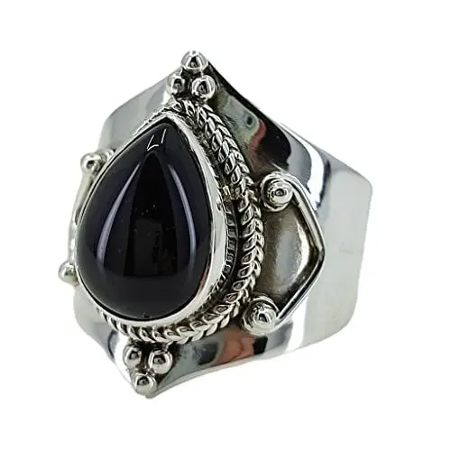 Produktbild: Navya Craft Silberring mit schwarzem Onyxstein | 925 Sterling Silber Handgefertigter Statement-Versprechensring für Frauen | Natürlicher Edelstein Boho Schmuck | Geburtsstein Juli | Geschenk für Sie