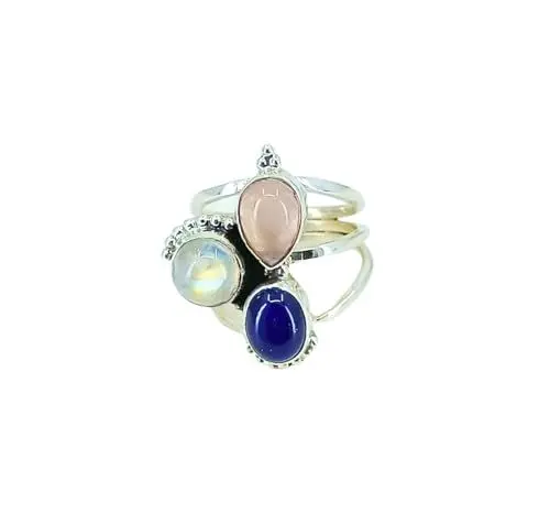 Produktbild: Navya Craft Dreifach-Edelstein aus 925er Sterlingsilber (Lapislazuli, Regenbogenmondstein, Rosenquarz) Statement Damenring Größe 57 DE (67 (21.3))