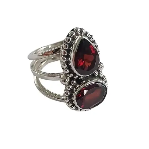 Produktbild: Navya Craft Granatstein Ring - Handgefertigter 925er Sterling Silber Statement-Ring für Frauen | Doppeltes Edelstein-Schmuckstück - Versprechensring - Ideales Geschenk für sie (56 (17.8))