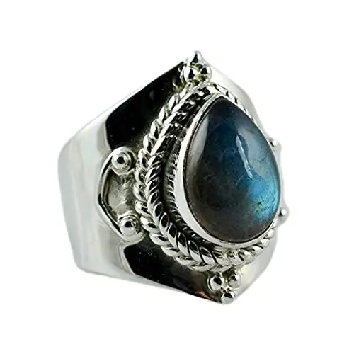 Produktbild: Navya Craft Labradorit-Ring, handgefertigter Statement-Versprechensring aus 925er Sterlingsilber, natürlicher Labradorit-Edelstein in Birnenform, Boho-Schmuck, Februar-Geburtsstein, Geschenk für Sie