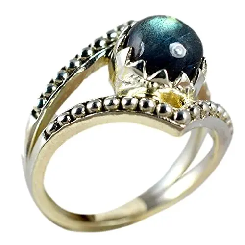 Produktbild: Navya Craft Labradorit-Ring, handgefertigter Statement-Versprechensring aus 925er Sterlingsilber, runder natürlicher Labradorit-Edelstein, Boho-Schmuck, November-Geburtsstein, Geschenk für Sie