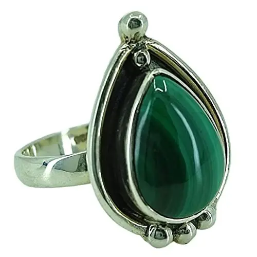 Produktbild: Navya Craft Malachit-Stein-Silberring | Handgefertigter Statement-Versprechensring aus 925er Sterlingsilber | Natürlicher Edelstein Boho Schmuck | April, Mai Geburtsstein | Geschenk für Sie