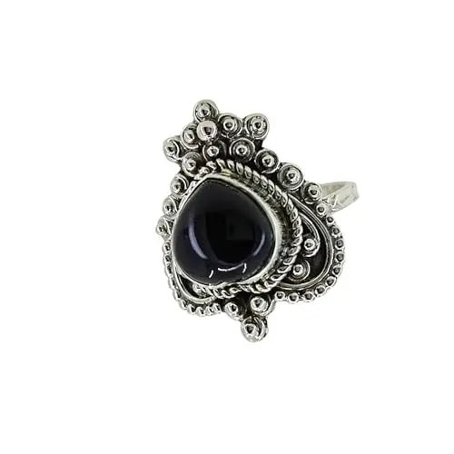 Produktbild: Navya Craft Schwarzer Onyx-Ring, handgefertigter Statement-Versprechensring aus 925er Sterlingsilber, natürlicher schwarzer Onyx-Edelstein in Herzform, Boho-Schmuck, Juli-Geburtsstein