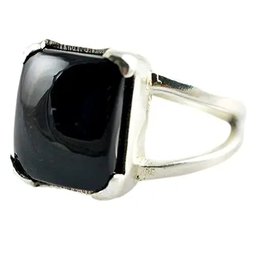 Produktbild: Navya Craft Schwarzer Onyx-Ring, handgefertigter Statement-Versprechensring aus 925er Sterlingsilber, natürlicher schwarzer Onyx in Kissenform, Edelstein-Boho-Schmuck, Juli-Geburtsstein