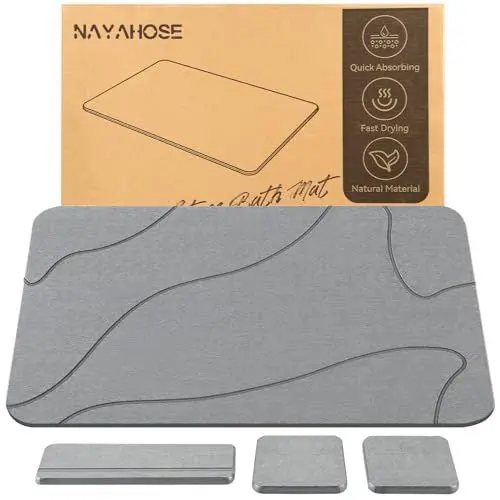 Produktbild: NAYAHOSE Badematte Stein Set, Diatomite Stone Bath Mat, Super Saugfähig Duschvorleger Badvorleger Schnell Trocknend Natürlich Kieselgur Bodenmatte, Badezimmer Waschbecken Organizer