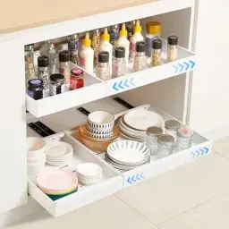 Produktbild: Teleskopschublade,Dehnbar Ausziehbarer Schrank Organizer, Kohlenstoffstahl Ausziehbare Schubladen Aufbewahrungsregale,Sanft Verschiebbar Korbauszug Küchenschrank (Weiß, Expandierbare Breite 32-48cm)