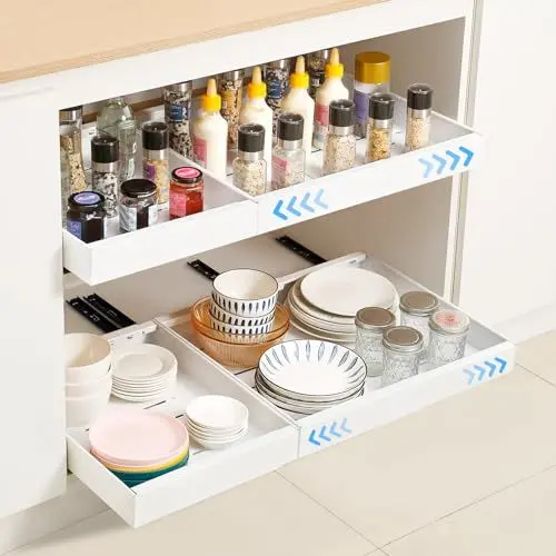 Produktbild: Teleskopschublade,Dehnbar Ausziehbarer Schrank Organizer, Kohlenstoffstahl Ausziehbare Schubladen Aufbewahrungsregale,Sanft Verschiebbar Korbauszug Küchenschrank (Weiß, Expandierbare Breite 32-48cm)