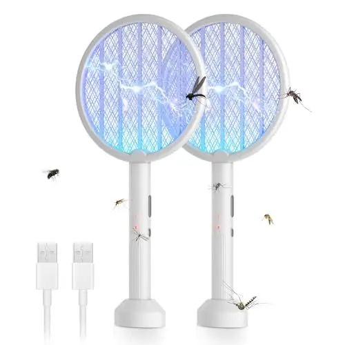 Produktbild: Nayelf 2-in-1 Wiederaufladbare Elektrische Fliegenklatsche, extra stark 3000V, USB mit automatischem Ladeschutz, UV-Lichtfalle für Mücken, leicht zu transportieren, 3-lagiges Schutznetz, 2er-Pack