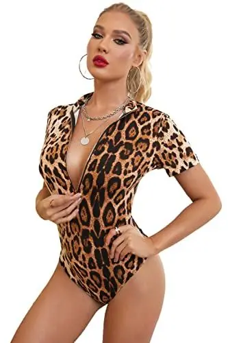 Produktbild: NBBNYJ Damen Eleganter Body Leopard Kurzarm Baumwolle Dessous Jumpsuit Lingerie Teddy Unterwäsche Sexy Top Babydoll Nachtwäsche Leopard, M