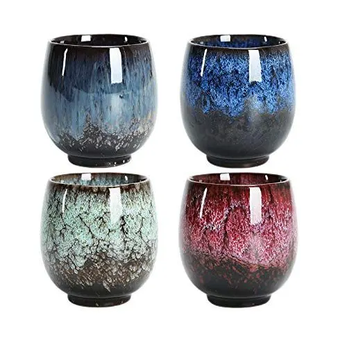 Produktbild: NBCDY Japanische Teetasse, Keramik-Teetassenset, handgefertigtes 4er-Set, mehrfarbige, flammglasierte Keramikbecher, für Zuhause, Büro, Geschenke, Sake Cups Teetassen
