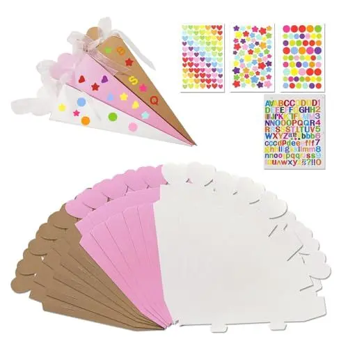 Produktbild: NCOALE 30 Stück Mini Schultüten zum Befüllen, Faltbare Schultüte Klein Geschwister Schultüte mit Aufklebern und Band, Kleine Schultüte Junge Mädchen DIY 20cm Kleine Zuckertüte Klein für Kinder