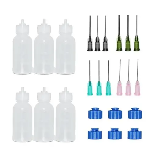 Produktbild: NCOALE Nadelflaschen Set mit 12 Dosiernadeln und 6 Kappen, Quetschflasche mit Feinen Spitzen, Präzisionsspitzen Applikator Flasche für DIY Craft Nachfüllkleber