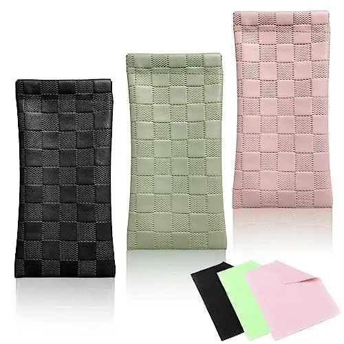 Produktbild: NCOALE 3 Stück PU Leder Brillen etui Schutzhülle mit 3 Stück Brillenputztuch, Tragbar Quetschoberteil Brillentasche Brillen Sonnenbrille Aufbewahrungsetui (Schwarz, Grün, Rosa)