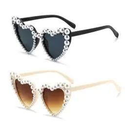 Produktbild: NCOALE Herz Sonnenbrille für Damen, 2 Stück Perle Herzbrille Retro Herzbrillen Party Herzsonnenbrille Braut Herz Brille für Urlaub Karneval Hochzeit Accessoires, Anti-UV400