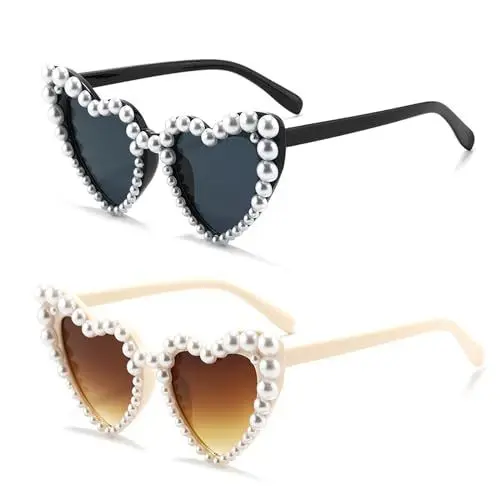 Produktbild: NCOALE Herz Sonnenbrille für Damen, 2 Stück Perle Herzbrille Retro Herzbrillen Party Herzsonnenbrille Braut Herz Brille für Urlaub Karneval Hochzeit Accessoires, Anti-UV400