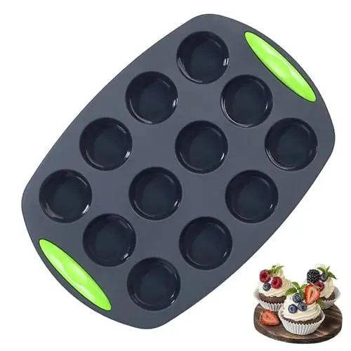Produktbild: NCOALE Mini Muffins Backform aus Silikon für 12 Muffins, Antihaft Muffinform BPA frei Muffinblech mit Tragebügel Silikon Muffinförmchen Klein für Cupcakes Brownies Kuchen Pudding (Dunkelgrau)