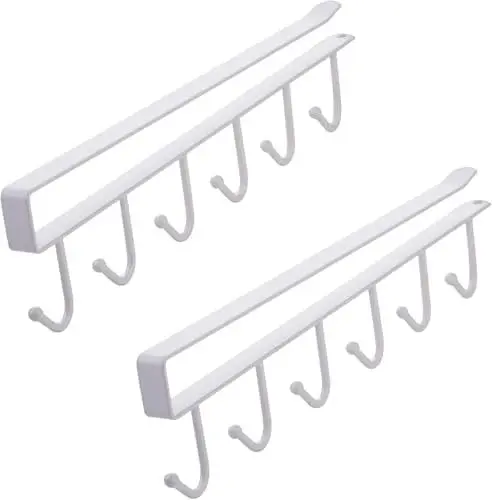 Produktbild: NCOALE Tassenhalter, 2 Stück Küchenschrank Organizer Schrankeinsatz Tassenhalter Haken ohne Bohren 6 Haken, Tassen Aufhängung Tassenständer, zum Aufhängen von Tassen Kaffeetassen Mug Becher (Weiss)