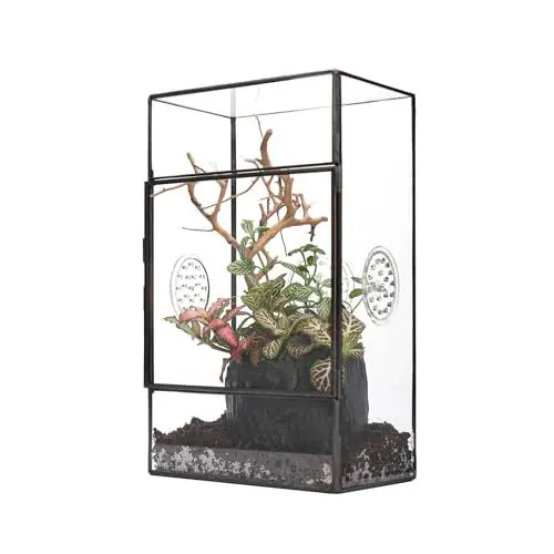 Produktbild: NCYP Rechteckiges Glas Terrarium mit Seitentür und DREI Belüftungslöchern handgefertigt, 13x10x23cm Schwarzes geometrisches Terraium für kleine Insekten Haus Garten Dekoration (nur Terrarium)