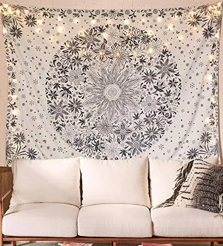 Produktbild: Neasow Bohemian Tapestry Wandbehang, Beige White Floral Tapestry mit Dotted Daisy Medallion Print Schlafzimmer Boho Hippie Home Decor (Beige, 90×120cm)