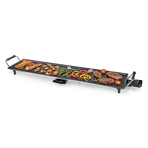 Produktbild: Nedis Teppanyaki-Tischgrill – Elektrische Grillplatte mit 5 Wärmeeinstellungen, Thermostat-Regler und ausziehbarer Fett-Tropfschale – Schwarz