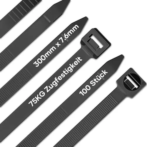 Produktbild: NEEKFOX 100 Stück Kabelbinder Schwarz 300mm x 7,6 mm, UV-Beständig 75KG Zugfestigkeit ultra starke Kabelbinder für Kabelmanagement, Gartenarbeit, Wohnen, Werkstätten