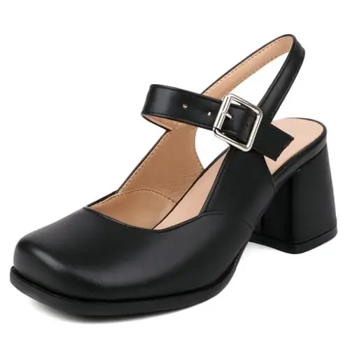 Produktbild: NeelyRisey Damen Blockabsatz Slingpumps Closed Toe Mary Jane mit Absatz Dress Schuhe Slingback Pumps Eckige Zehe Casual Abendschuhe
