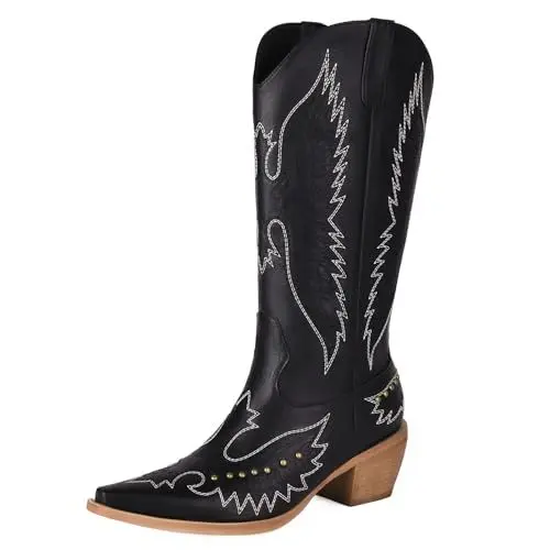 Produktbild: NeelyRisey Damen Klassische Cowboystiefel Pull on Bestickte Cowgirl Stiefel Mittelhoher Absatzs Schwarz Westernstiefel Nieten Cowgirl Stiefel Mid Calf Schwarz 34
