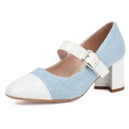 Produktbild: NeelyRisey Damen Mode Mary Jane Schuhe Metallic Blok Absatz Cap Toe Two Tone Party Shoe Knöchelriemchen PatchArbeit Arbeit Buro Pumps Blue Große 42