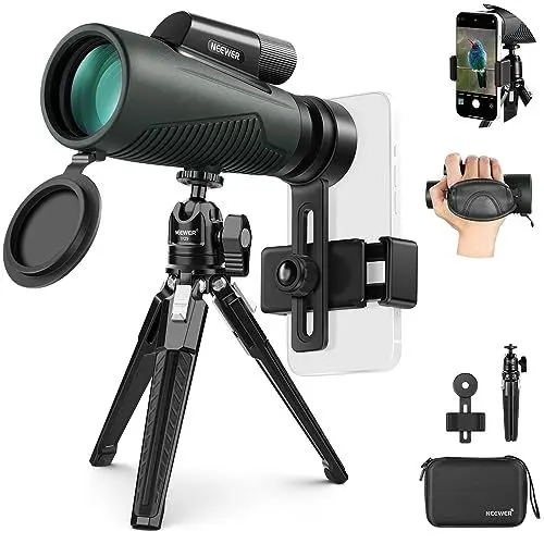 Produktbild: NEEWER 12x50 ED Monokular Teleskop,handy teleobjektiv mit Handy Clip/Metall Stativ/Tasche,IPX7 wasserdicht nebelfest stoßfest SMC BAK-4 Prisma Smartphone Spektiv für Tierbeobachtung,Astronomie, LS-T17