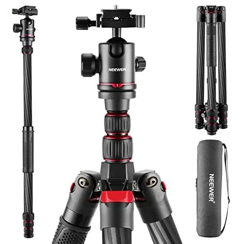 Produktbild: NEEWER 205cm Reisestativ aus Kohlefaser, neues Kamerastativ mit 2 teiligen Mittelachsen, 360° Panorama Kugelkopf, 1/4