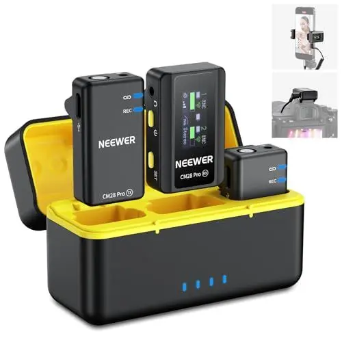 Produktbild: NEEWER CM28 PRO Drahtloses Lavalier Ansteckmikrofon System mit Ladekoffer 48KHz 16 Bit Unkomprimiertes Audio Rauschunterdrückung 4GB Speicher 9Std Aufnahme Kompatibel mit iPhone iPad Android Kamera PC