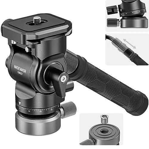 Produktbild: NEEWER Fluidkopf für Videostativ mit +/-10° Nivellierbasis (⌀37mm), Metall Stativkopf Videokopf mit Arca Typ Schnellwechselplatte, Teleskopgriff für Videokameras, DSLR, Max Last 4kg, GM27 Schwarz