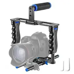 Produktbild: NEEWER Kamera Videokäfig aus Aluminiumlegierung, mit oberem Griff, Zwei Handgriffen, Zwei 15mm Stangen, kompatibel mit Canon Sony Fujifilm Nikon DSLR Camera und Camcorder (Schwarz + Blau)