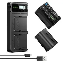 Produktbild: NEEWER Ladegerät Dual USB mit NP-F750 2Stk 5600mAh Ersatzakkus, Schnellladegerät kompatibel mit Sony NP-F970 F960 F950 F770 F750 F570 F550, Handycam und NEEWER LED Licht, Monitor, motorisiertem Slider