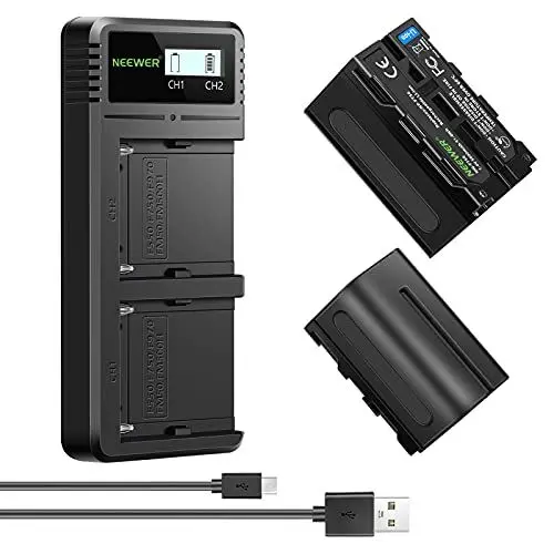 Produktbild: NEEWER Ladegerät Dual USB mit NP-F750 2Stk 5600mAh Ersatzakkus, Schnellladegerät kompatibel mit Sony NP-F970 F960 F950 F770 F750 F570 F550, Handycam und NEEWER LED Licht, Monitor, motorisiertem Slider
