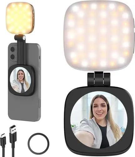 Produktbild: NEEWER Magnetisches Selfie Licht kompatibel mit iPhone MagSafe CRI95 700lx/0,3m Faltbare LED Handy Füllring Beleuchtung mit Ständer/Spiegel für Zoom Make up Fotografie Aufnahme NL48B,Schwarz