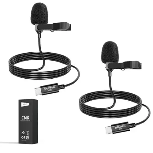 Produktbild: NEEWER Mini USB C Lavalier Mikrofon 2er Pack Kompatibel mit iPhone 16 15 Pro Max Android Handy Tablet PC, Ansteckbares omnidirektionales Kondensator Ansteckmikrofon mit 2m/6,6ft Kabel