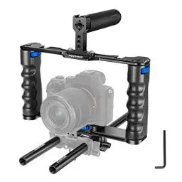 Produktbild: NEEWER Montageset für Videokamera aus Aluminiumlegierung mit Zwei oberen Griffen, 15-mm-Schäften, kompatibel mit Sony A7S III, Sony A6600 Canon EOS R5 R6 DSLR Mirrorless Kamera, Schwarz/Blau