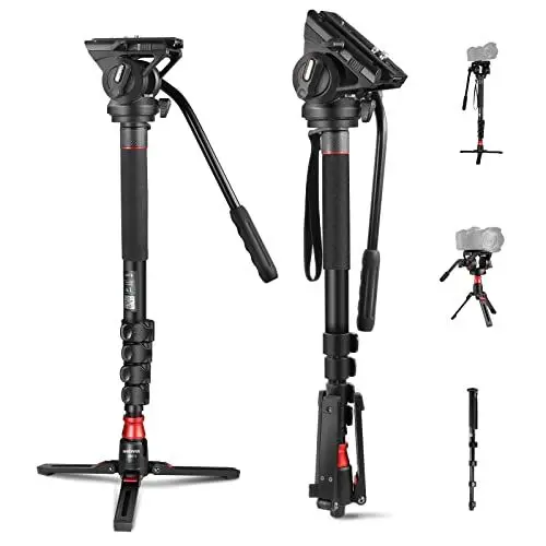 Produktbild: NEEWER Professionelles Kamera Einbeinstativ mit Füßen,179cm Teleskopisches tragbar Aluminium Reise Einbeinstativ&Schwenk Neige Fluidkopf&Abnehmbarer Stativfuß für DSLR Kamera,max.Belastung 6kg, GM76
