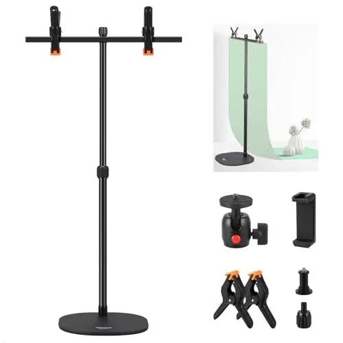 Produktbild: NEEWER T förmiger Tischhintergrundständer Set mit robuster Basis, abnehmbar Querstange, 360° Kugelkopf, Klemmen, Telefonhalter, 14-25
