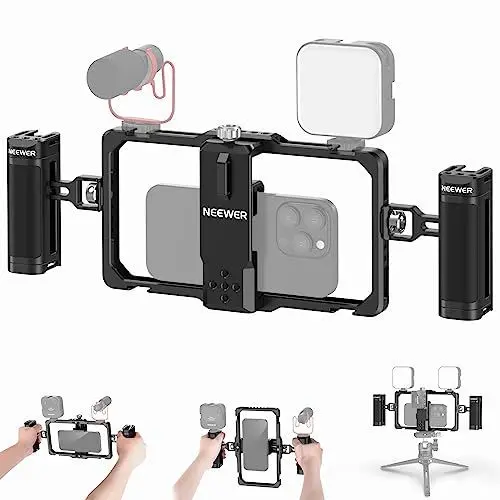 Produktbild: NEEWER Verbesserte Phone Käfig Cage Rig Vlogging Set, Videostabilisator mit doppeltem Griff drahtloser Mic Clip Slot für Tiktok/YouTube Kompatibel mit SmallRig iPhone 16 15 14 Pro Max Galaxy S23 PA009