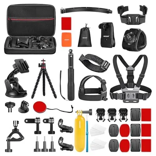 Produktbild: NEEWER Verbessertes 50 in 1 Action Kamera Zubehörset Kompatibel mitGoPro Hero13 12 11 10 9 Max 7 6 5 Black GoPro 2018 Session Fusion Silver White Insta360 DJI Action 2 AKASO APEMAN Campark SJCAM usw