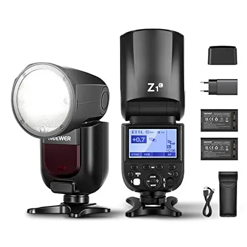 Produktbild: NEEWER Z1-C TTL Speedlite Blitzlicht Kompatibel mit Canon, Rundkopf Blitzgerät 76Ws 2,4G 1/8000s HSS Blitz, 2 x 2600mAh Lithium Akkus & USB Ladegerät, 480 Aufnahmen mit voller Leistung, 1,5s Recycling