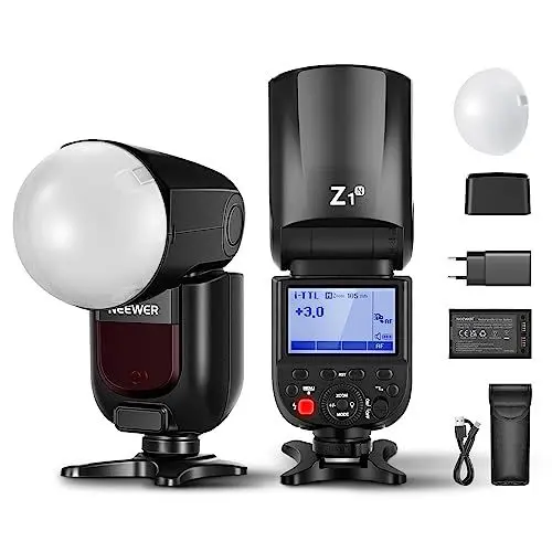 Produktbild: NEEWER Z1-N TTL Blitzgerät Rundkopf Speedlite Blitz Kompatibel mit Nikon, Blitzlicht mit magnetischem Diffusor, 76Ws 1/8000s HSS, 10 Stufen LED Einstelllampe, 7,4V 2600mAh Lithium Akku, 1,5s Recycling
